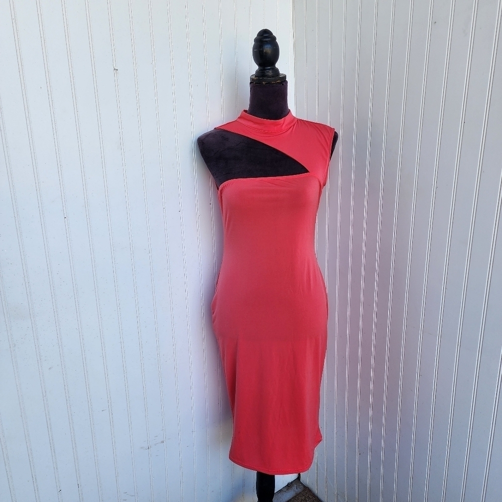 Venus One Shoulder Mock Neck Dress Pink Stretch Hot Pink Button Keyhole Sz M